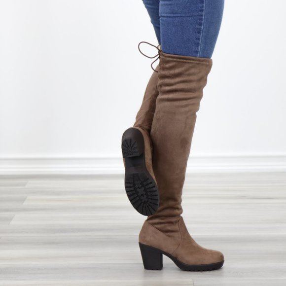 Taupe Thigh High Suede Boots Lug Chunky Heel - Picture 13 of 15